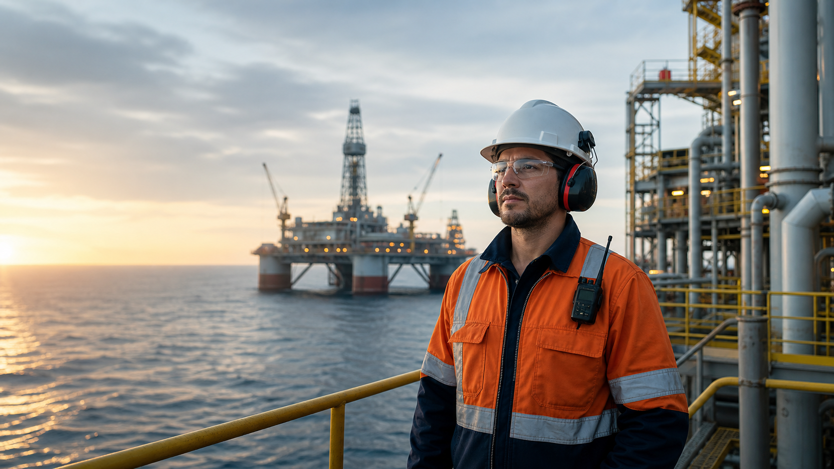 Profesional de campo en una plataforma offshore con infraestructura petrolera al fondo